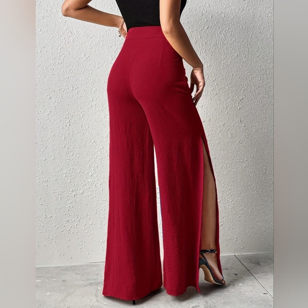 Red Wide Leg Flare Slit Pants